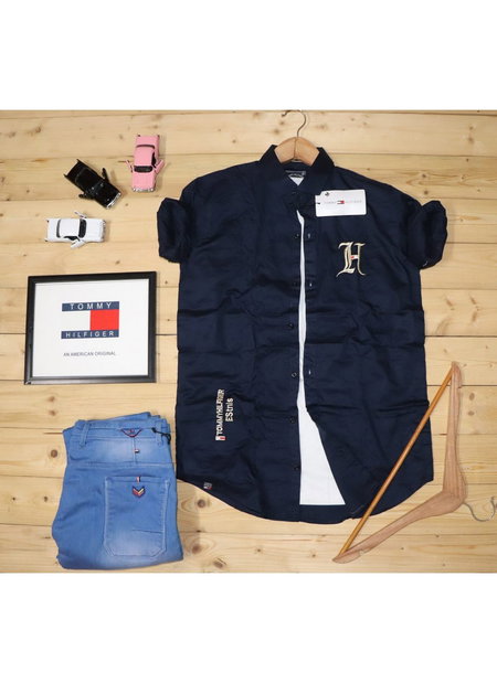 Navy Blue Outluk Casual Wear Plain Full Sleeve Cotton Shirt 001